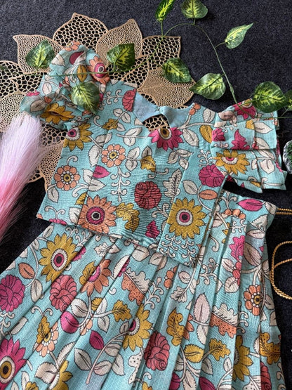 Evanik Blue Kota Chex Fabric With Floral Printed Kids Lehenga Choli