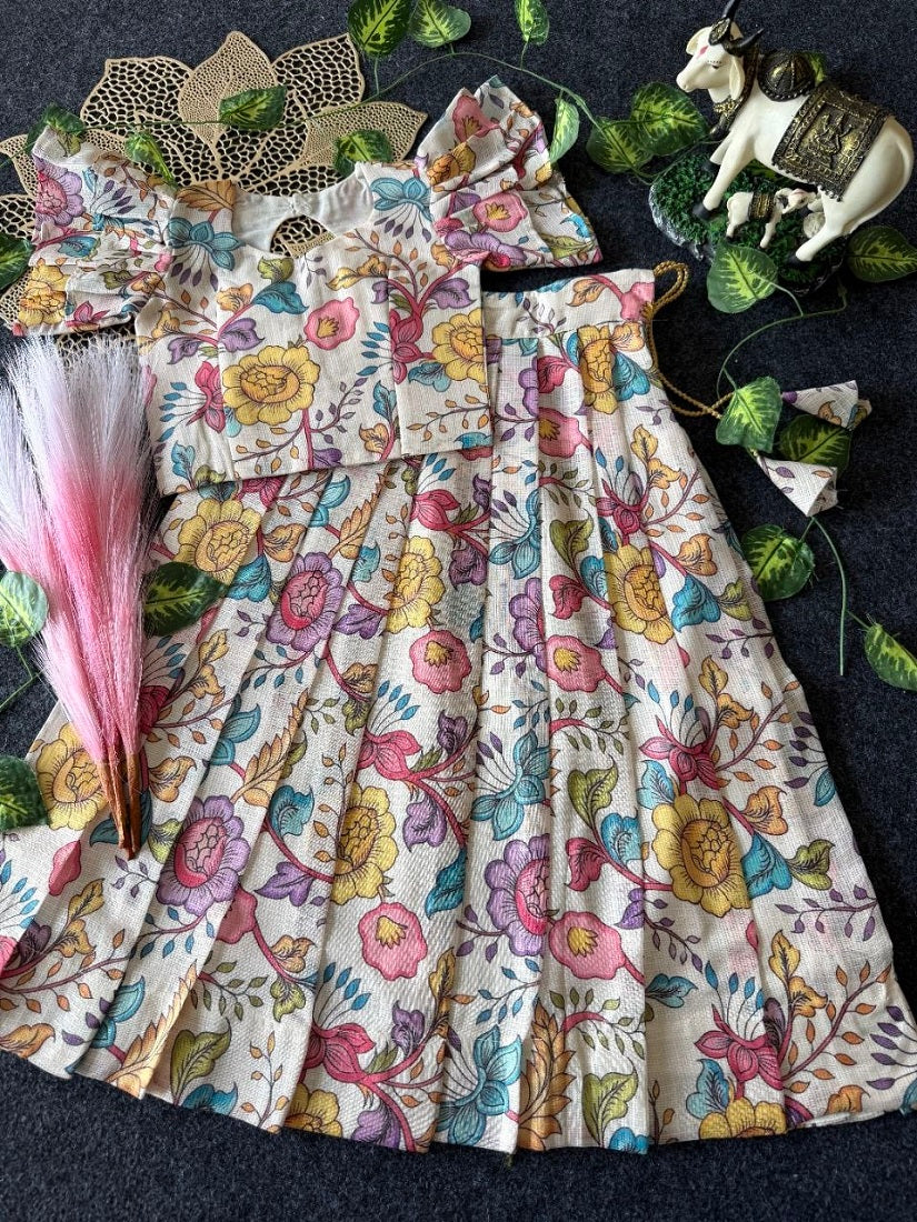 Evanik White Kota Chex Fabric With Floral Printed Kids Lehenga Choli