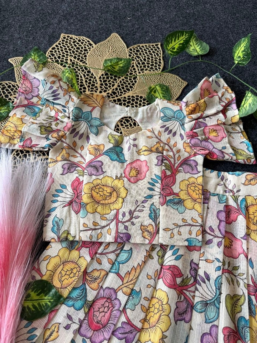 Evanik White Kota Chex Fabric With Floral Printed Kids Lehenga Choli