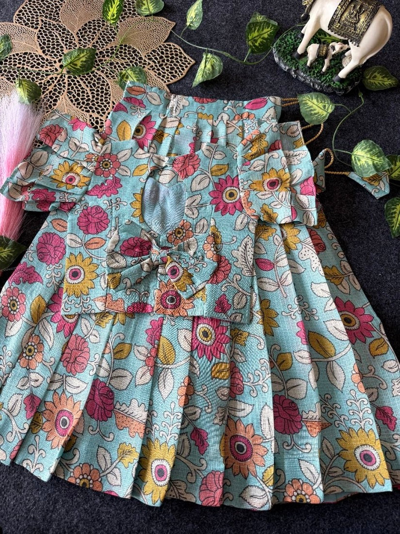 Evanik Blue Kota Chex Fabric With Floral Printed Kids Lehenga Choli