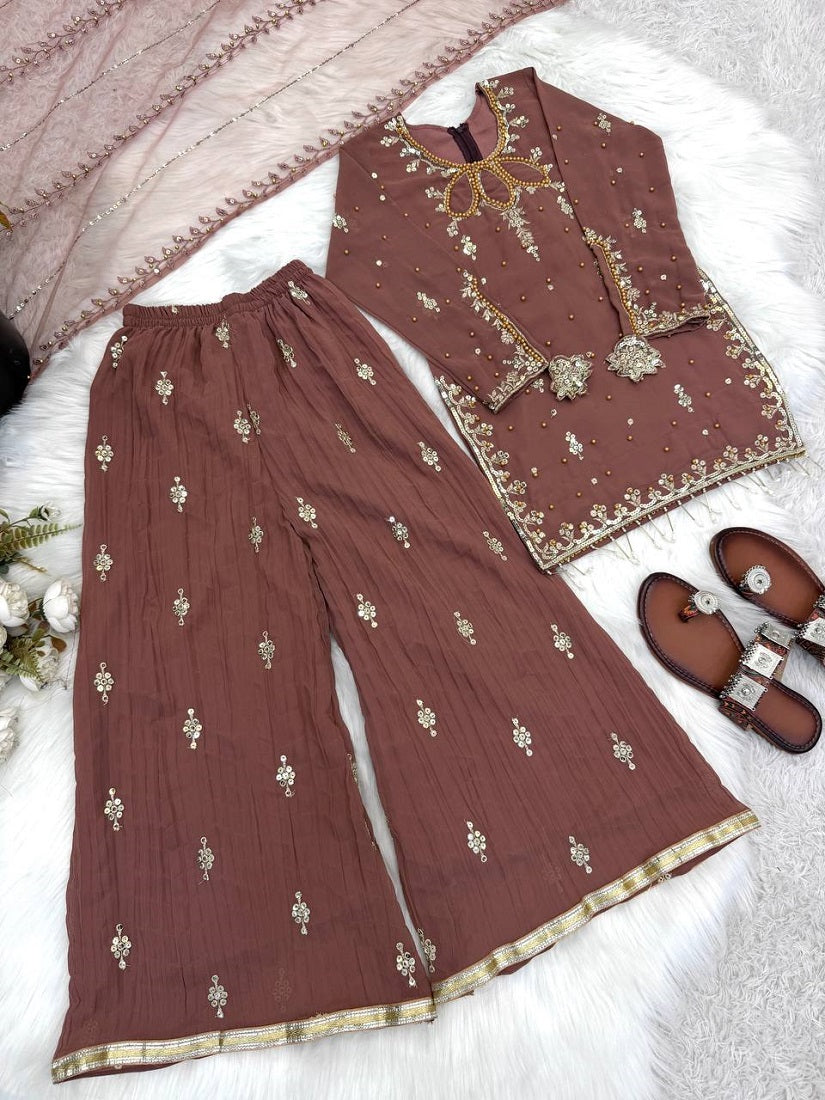 Evanik Brown Kids Faux Georgette Embroidered Work Kurta Palazzo Set