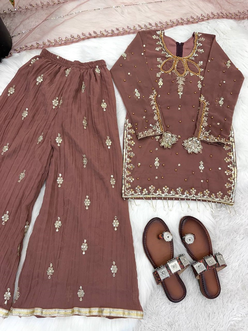Evanik Brown Kids Faux Georgette Embroidered Work Kurta Palazzo Set