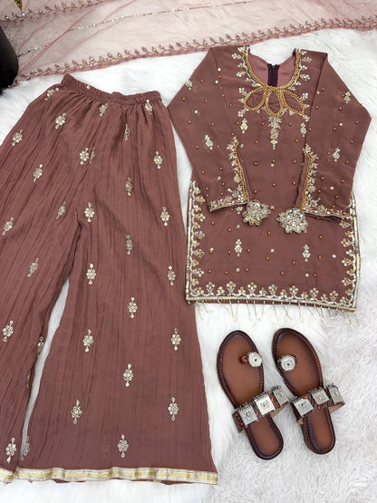 Evanik Brown Kids Faux Georgette Embroidered Work Kurta Palazzo Set