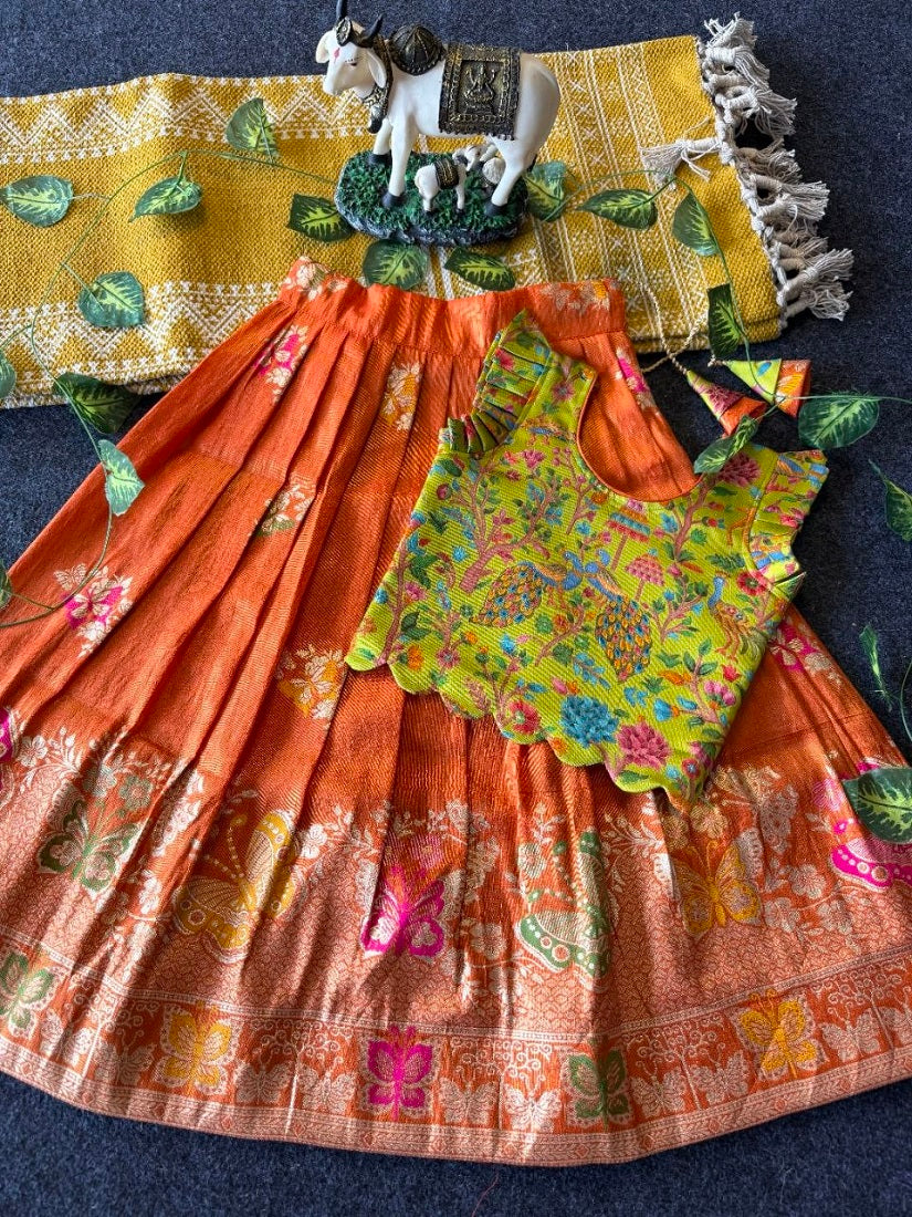 Evanik Girls Orange Soft tissue Butterfly Print Lehenga Choli with 3D Weaving Work