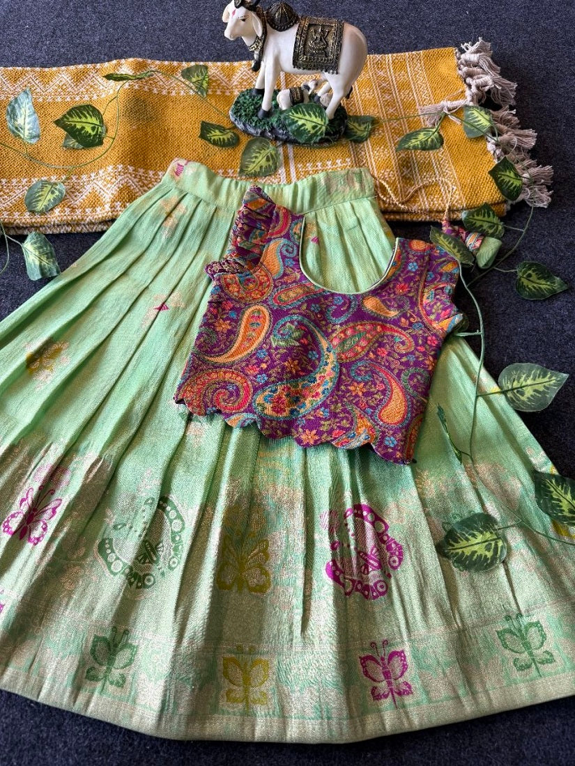 Evanik Girls Sea Green Soft tissue Butterfly Print Lehenga Choli with 3D Weaving Work