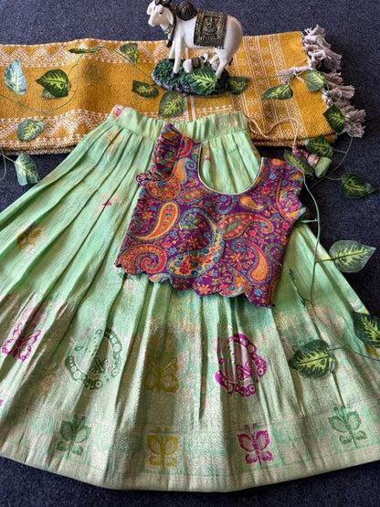 Evanik Girls Sea Green Soft tissue Butterfly Print Lehenga Choli with 3D Weaving Work