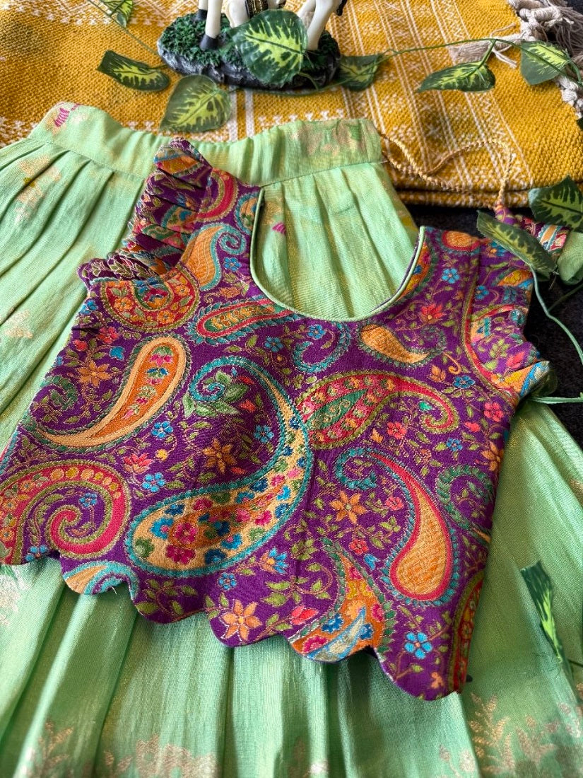 Evanik Girls Sea Green Soft tissue Butterfly Print Lehenga Choli with 3D Weaving Work