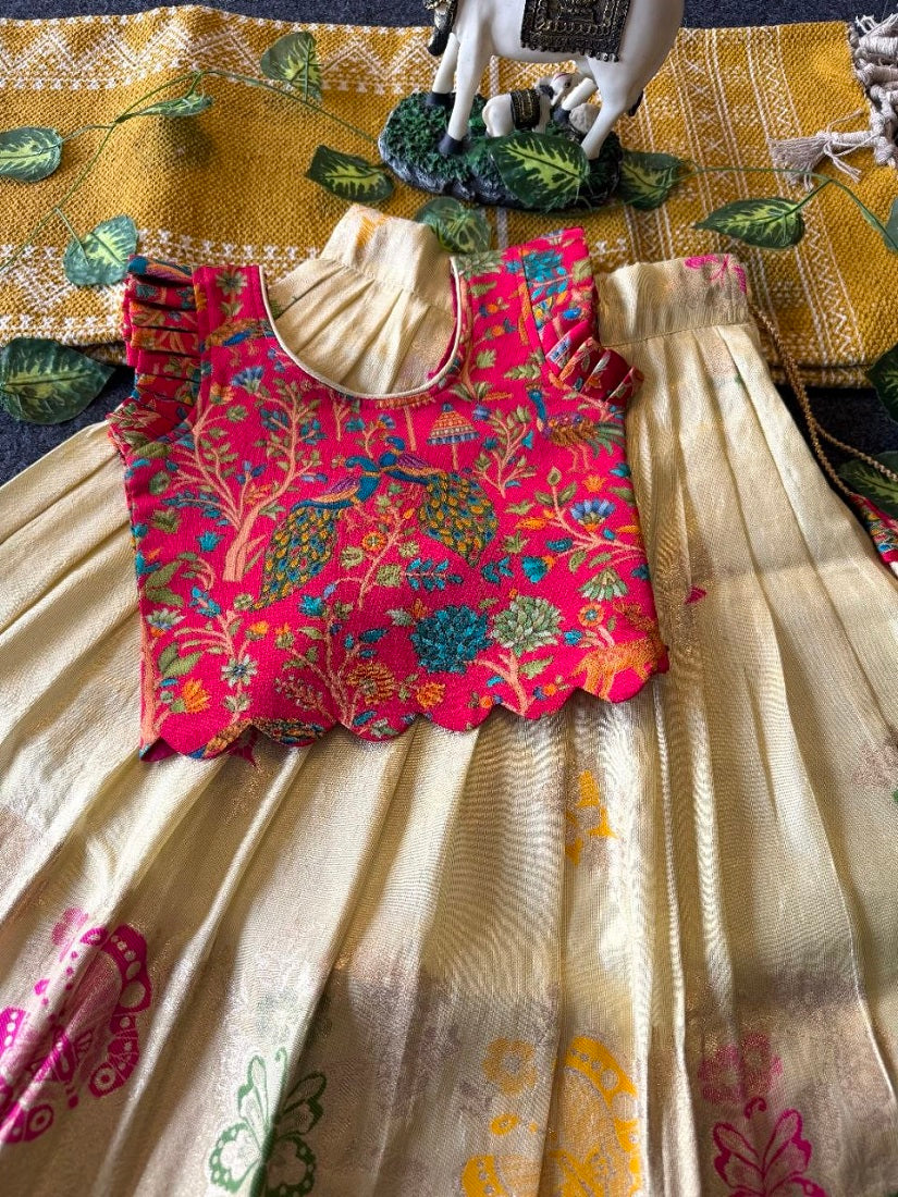 Evanik Girls Cream Soft tissue Butterfly Print Lehenga Choli with 3D Weaving Work