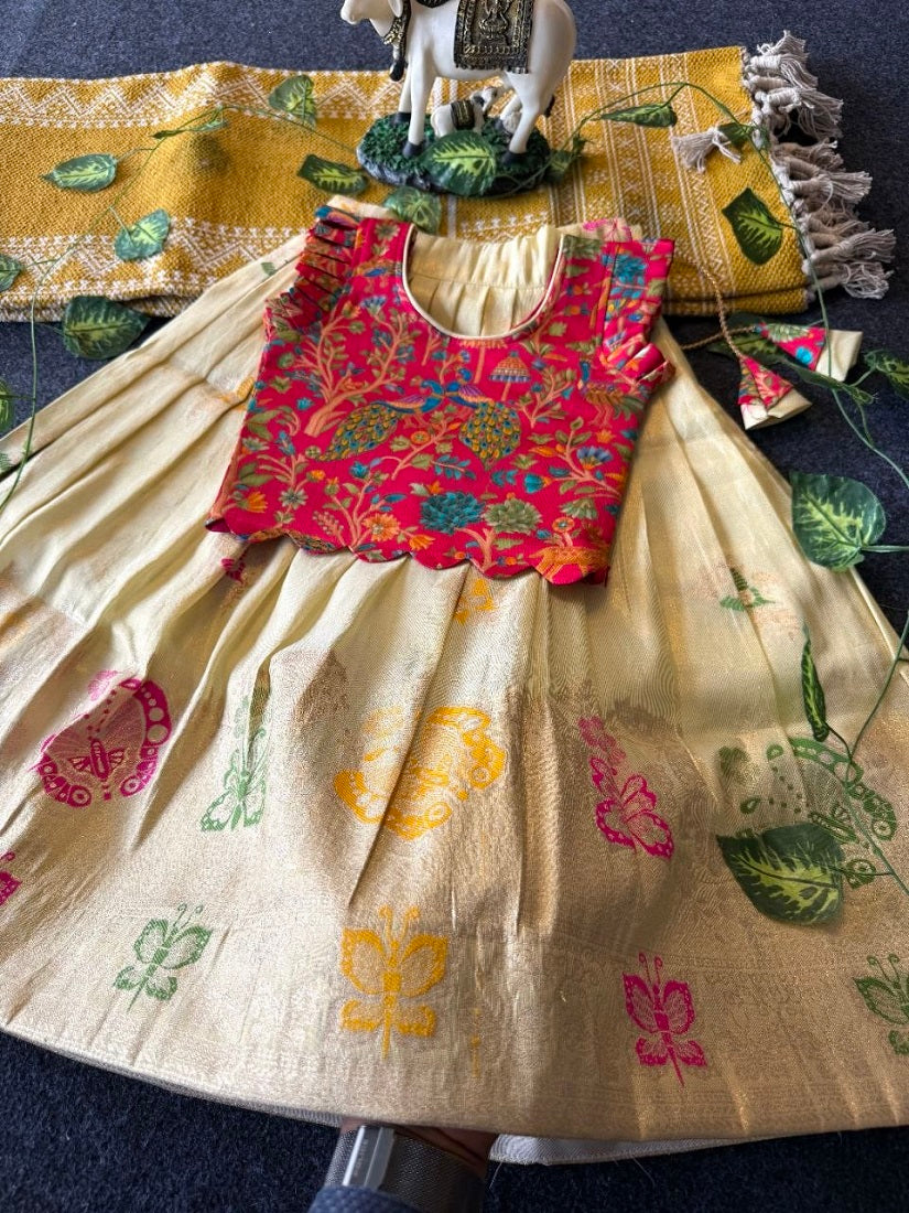 Evanik Girls Cream Soft tissue Butterfly Print Lehenga Choli with 3D Weaving Work