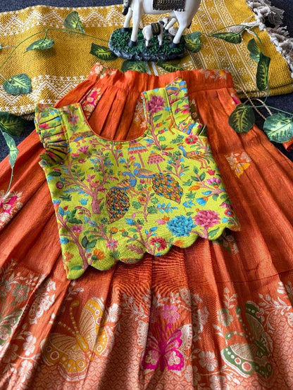 Evanik Girls Orange Soft tissue Butterfly Print Lehenga Choli with 3D Weaving Work
