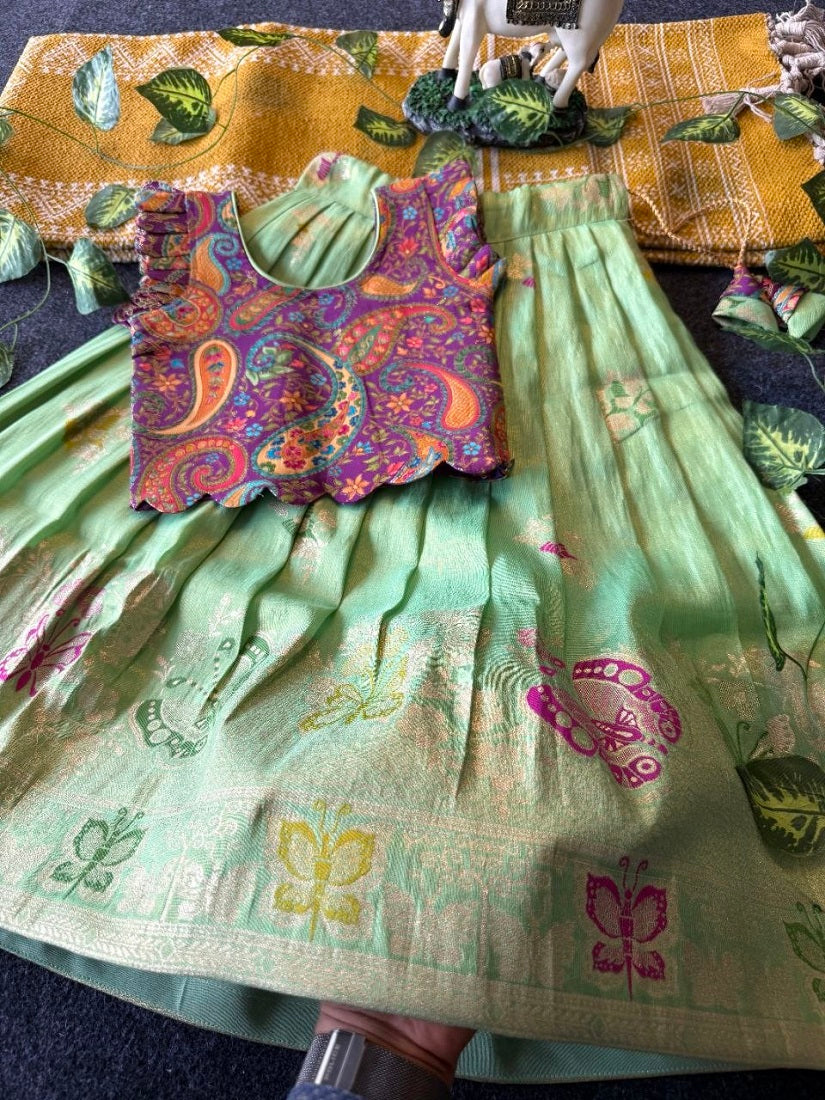 Evanik Girls Sea Green Soft tissue Butterfly Print Lehenga Choli with 3D Weaving Work