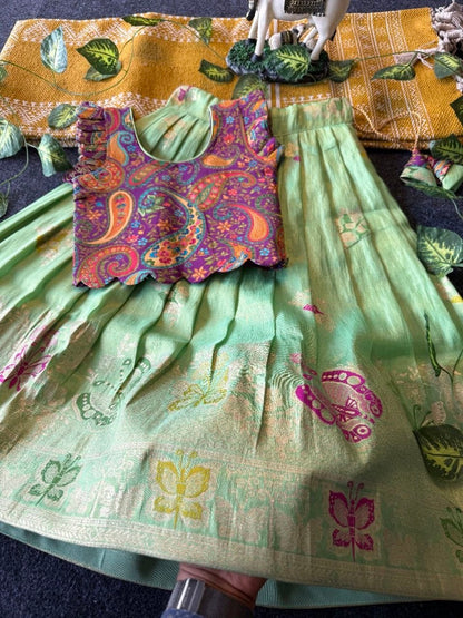 Evanik Girls Sea Green Soft tissue Butterfly Print Lehenga Choli with 3D Weaving Work