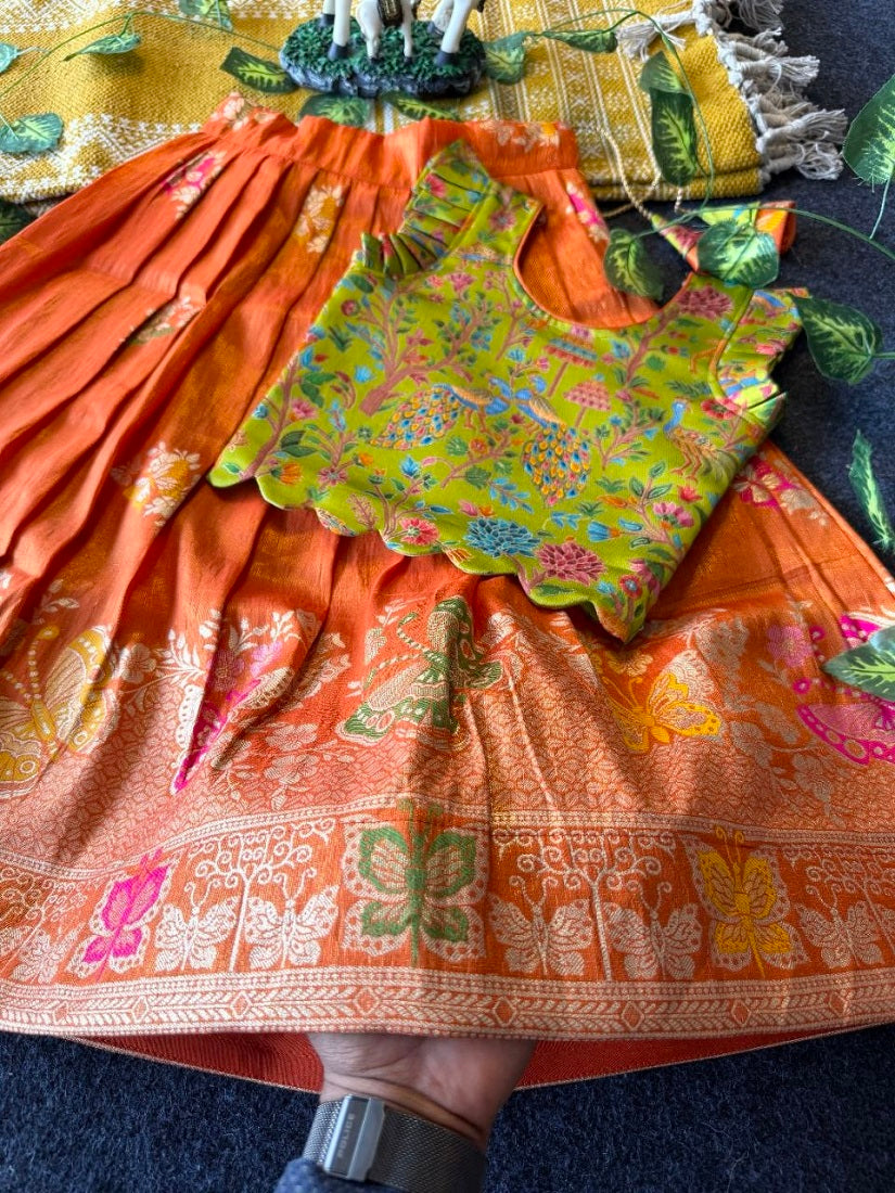 Evanik Girls Orange Soft tissue Butterfly Print Lehenga Choli with 3D Weaving Work