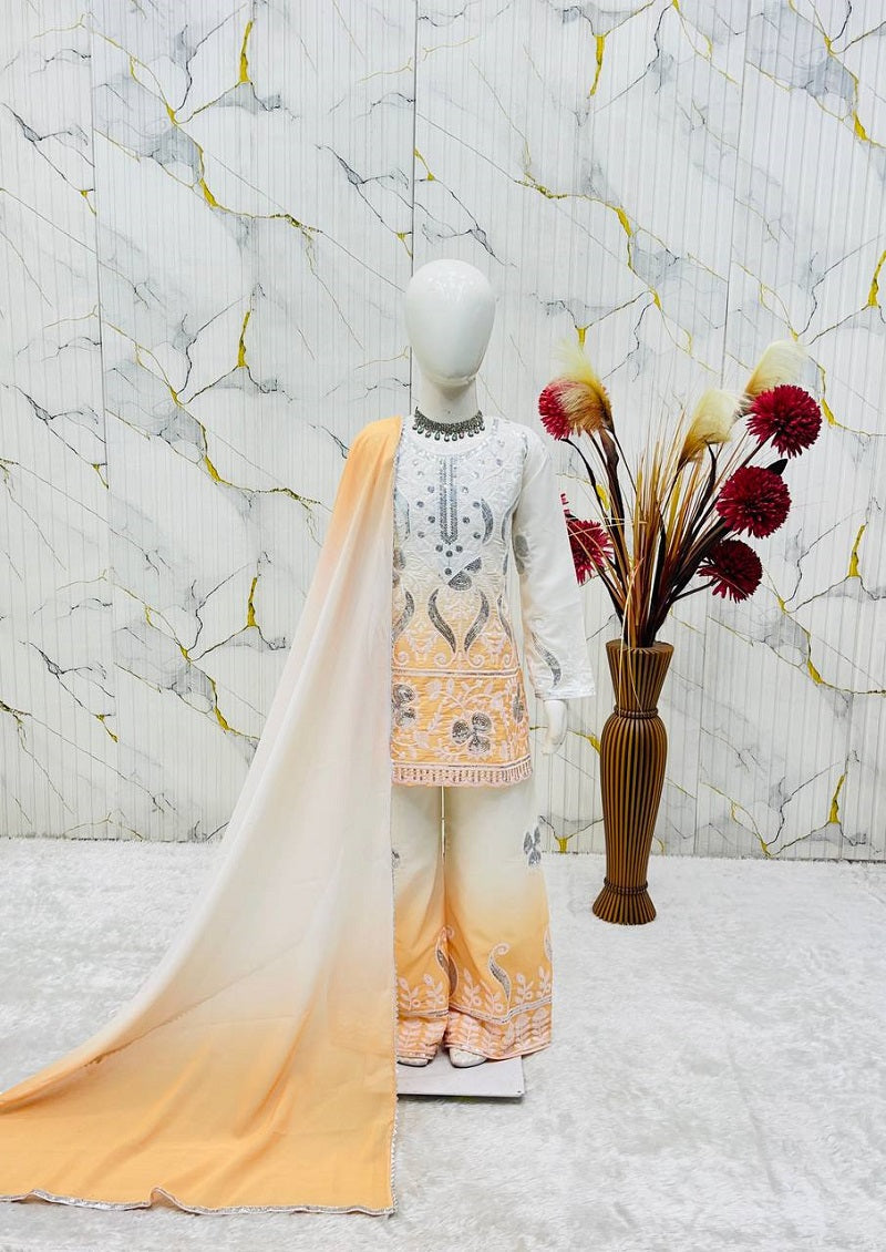 Evanik Yellow Designer Party Wear Heavy Natural Crepe Kids Top Palazzo & Dupatta Set