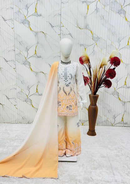 Evanik Yellow Designer Party Wear Heavy Natural Crepe Kids Top Palazzo & Dupatta Set