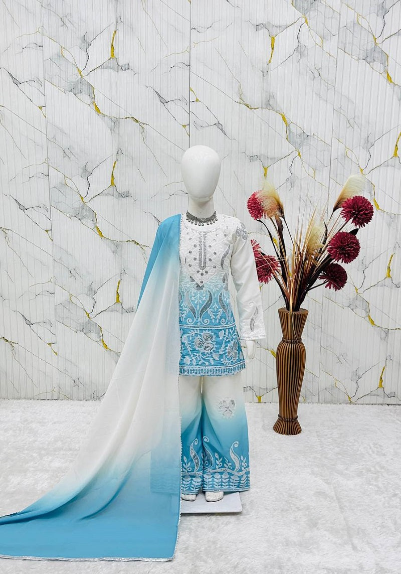 Evanik Sky Blue Designer Party Wear Heavy Natural Crepe Kids Top Palazzo & Dupatta Set