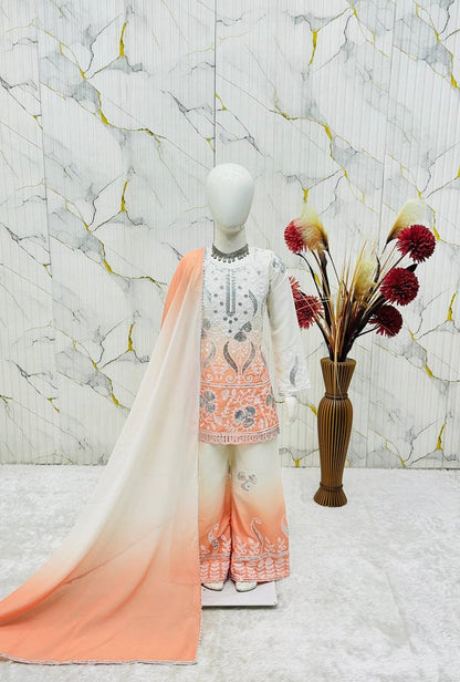 Evanik Peach Designer Party Wear Heavy Natural Crepe Kids Top Palazzo & Dupatta Set