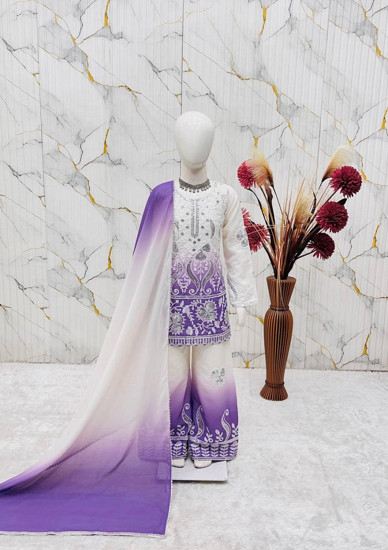 Evanik Purple Designer Party Wear Heavy Natural Crepe Kids Top Palazzo & Dupatta Set