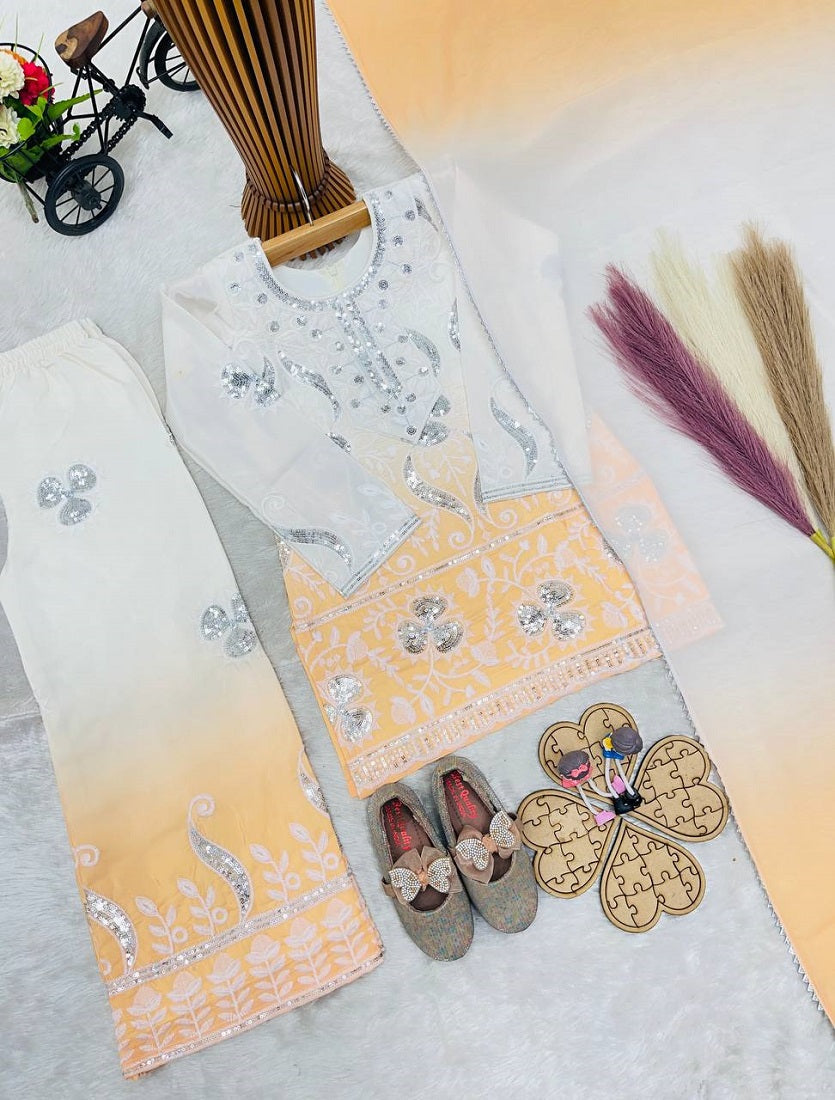 Evanik Yellow Designer Party Wear Heavy Natural Crepe Kids Top Palazzo & Dupatta Set