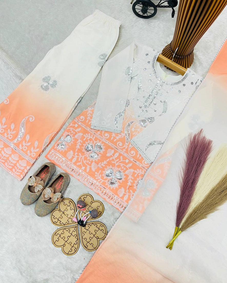 Evanik Peach Designer Party Wear Heavy Natural Crepe Kids Top Palazzo & Dupatta Set