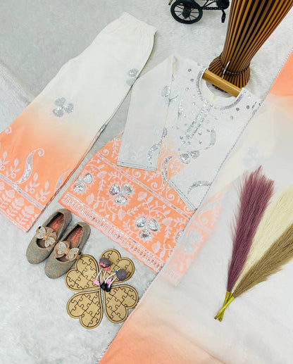 Evanik Peach Designer Party Wear Heavy Natural Crepe Kids Top Palazzo & Dupatta Set