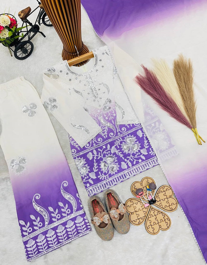 Evanik Purple Designer Party Wear Heavy Natural Crepe Kids Top Palazzo & Dupatta Set