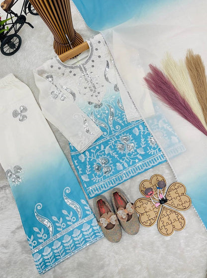 Evanik Sky Blue Designer Party Wear Heavy Natural Crepe Kids Top Palazzo & Dupatta Set