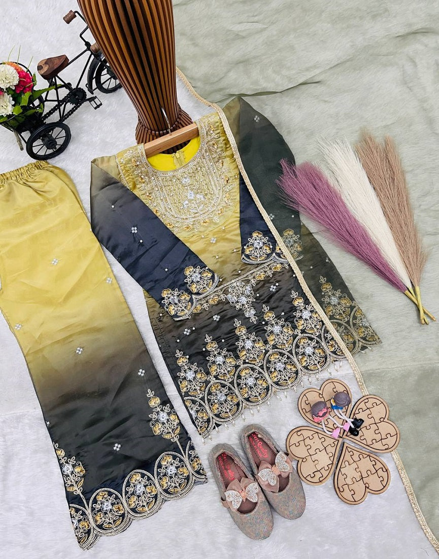 Evanik Kids Multicolor Heavy Silk Embroidered Work Salwar Suit