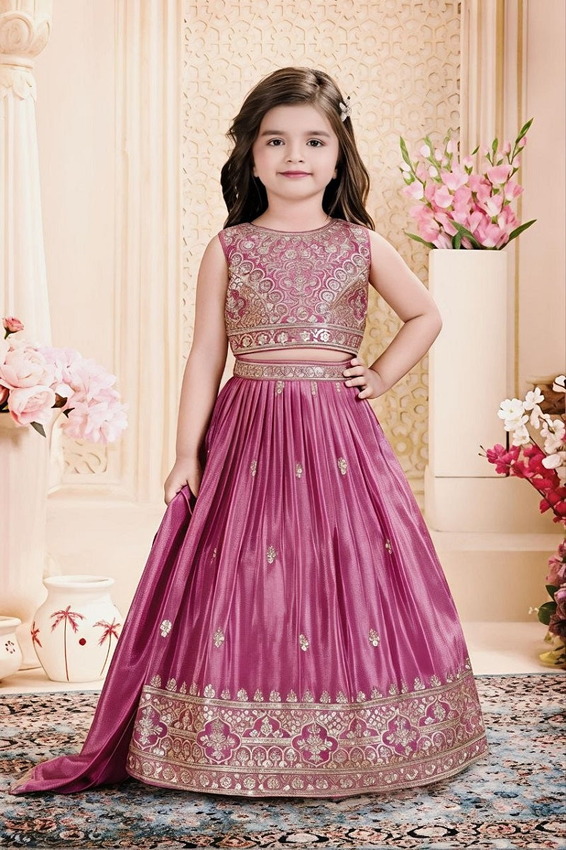 Evanik Designer Pink Chinon Silk Embroidered Work Wedding Lehenga For Kids