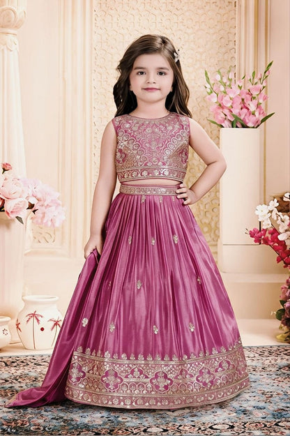 Evanik Designer Pink Chinon Silk Embroidered Work Wedding Lehenga For Kids