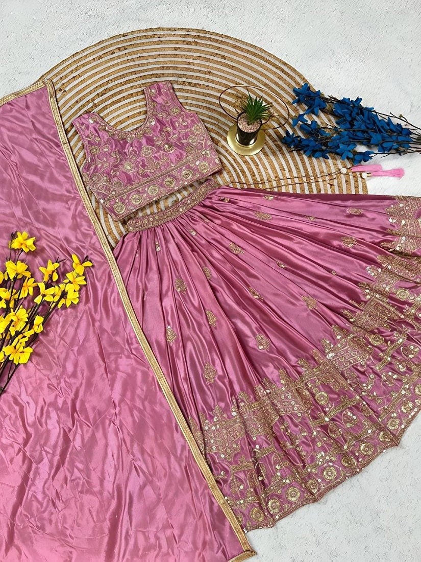 Evanik Designer Pink Chinon Silk Embroidered Work Wedding Lehenga For Kids