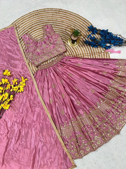 Evanik Designer Pink Chinon Silk Embroidered Work Wedding Lehenga For Kids