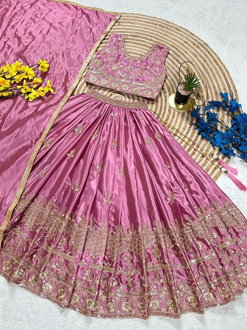 Evanik Designer Pink Chinon Silk Embroidered Work Wedding Lehenga For Kids