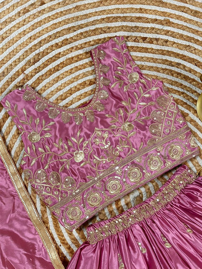 Evanik Designer Pink Chinon Silk Embroidered Work Wedding Lehenga For Kids