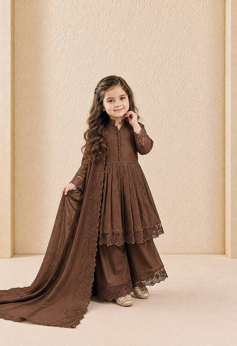 Evanik Girls Brown Roman Silk Pleated Anarkali Kurta with Palazzo & Dupatta Set