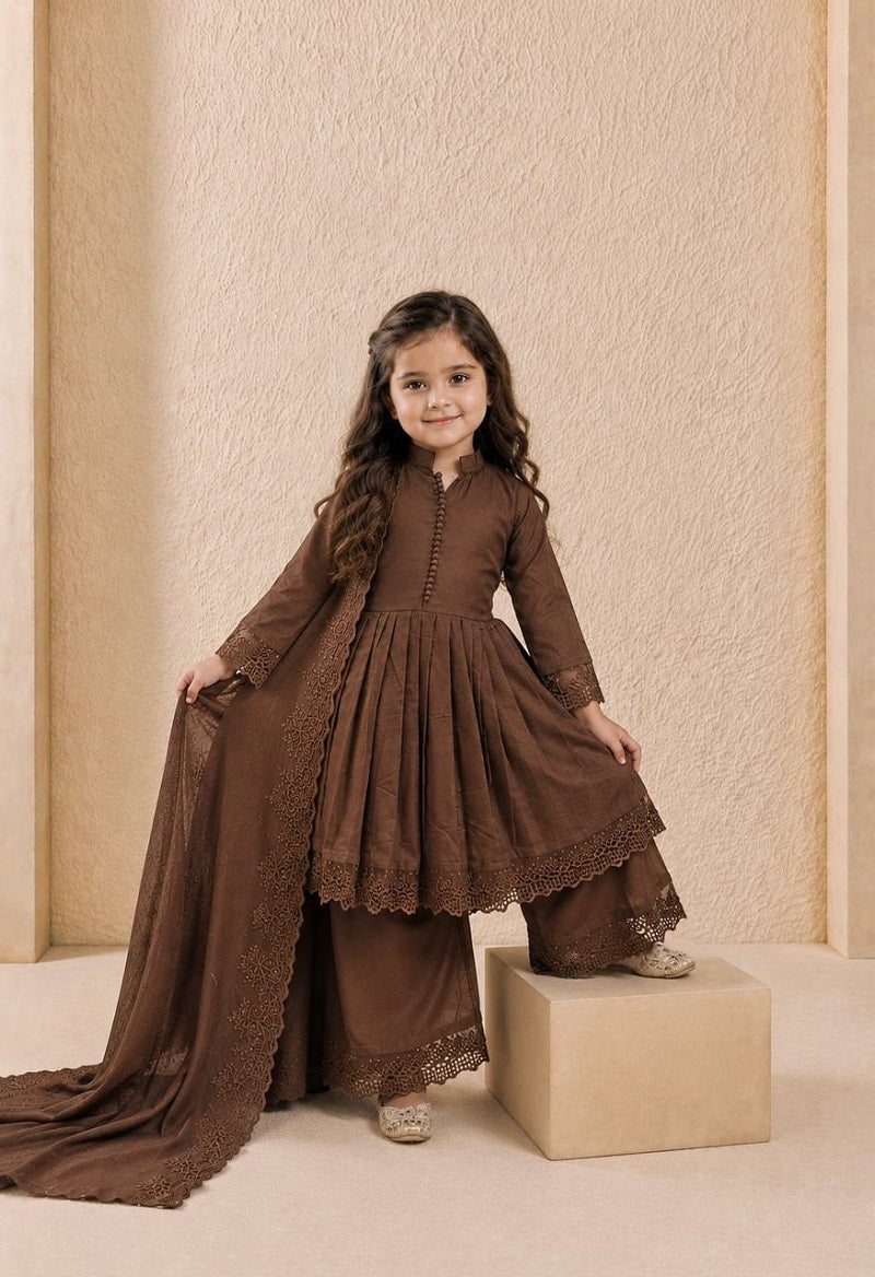 Evanik Girls Brown Roman Silk Pleated Anarkali Kurta with Palazzo & Dupatta Set