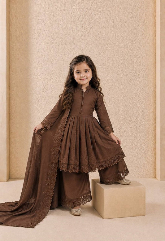 Evanik Girls Brown Roman Silk Pleated Anarkali Kurta with Palazzo & Dupatta Set