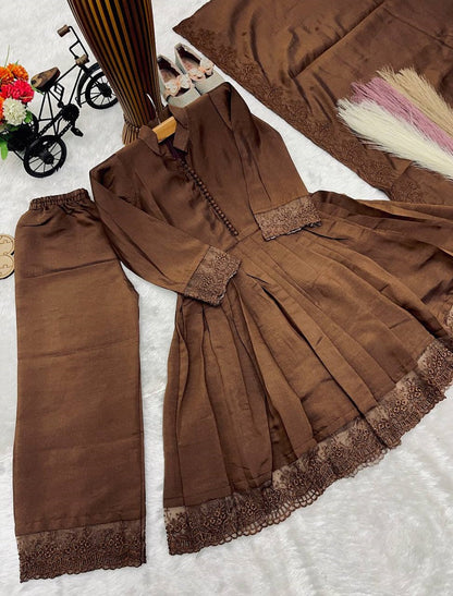 Evanik Girls Brown Roman Silk Pleated Anarkali Kurta with Palazzo & Dupatta Set