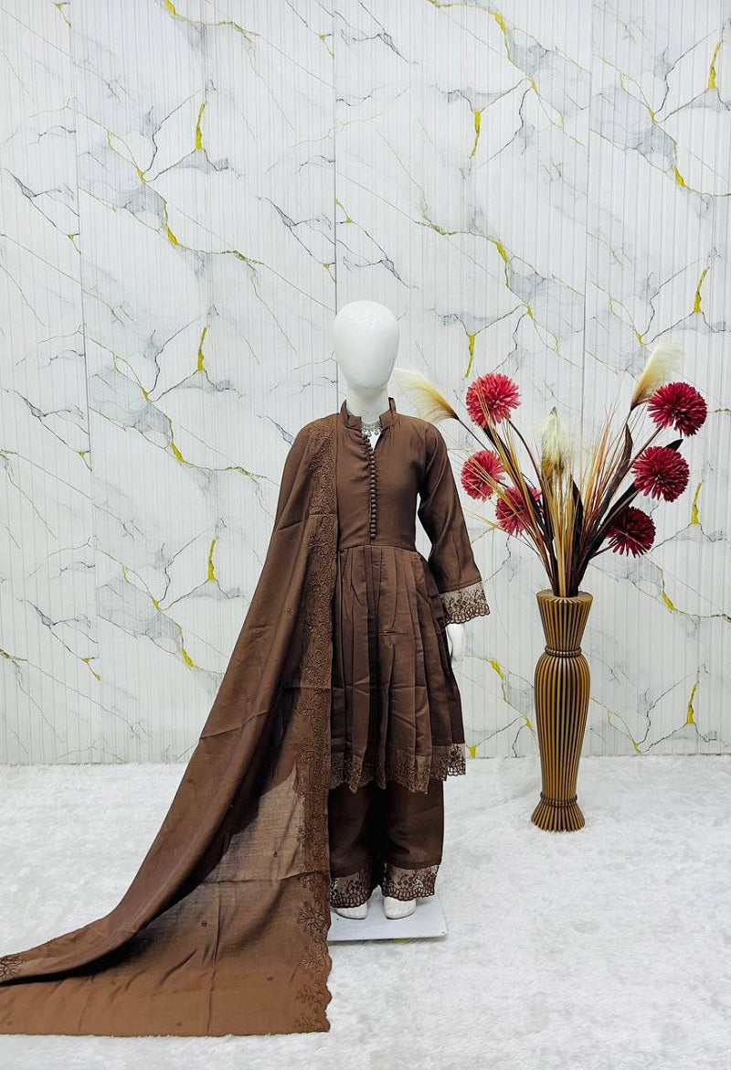 Evanik Girls Brown Roman Silk Pleated Anarkali Kurta with Palazzo & Dupatta Set