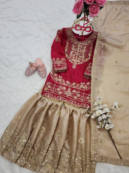 Evanik Red Girls Embroidered Silk Kurta With Sharara And Dupatta Set
