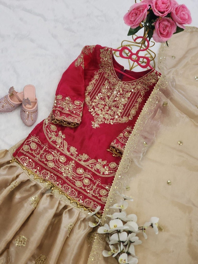 Evanik Red Girls Embroidered Silk Kurta With Sharara And Dupatta Set