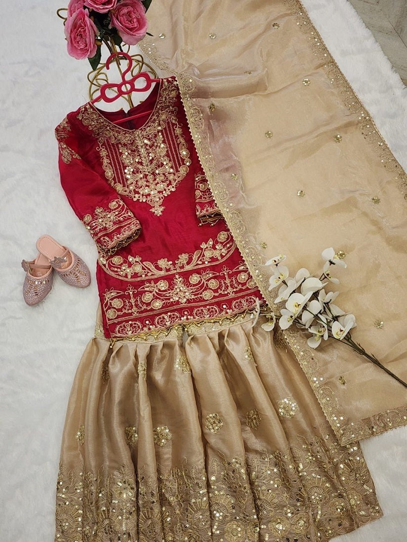 Evanik Red Girls Embroidered Silk Kurta With Sharara And Dupatta Set