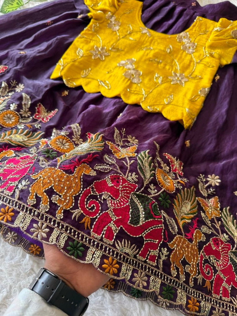Evanik Yellow Space Silk Elephant Mission Embroidered Work Kids Lehenga Choli Set