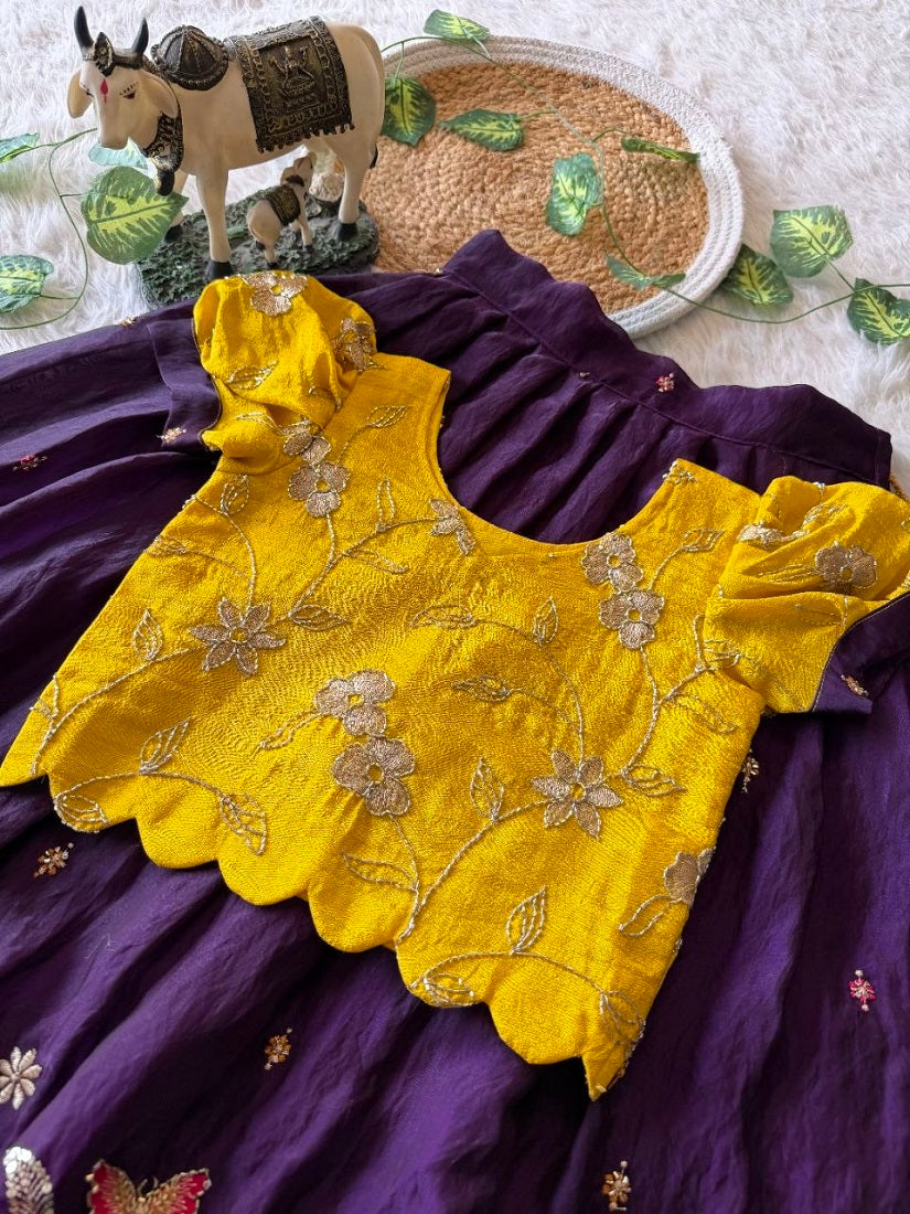 Evanik Yellow Space Silk Elephant Mission Embroidered Work Kids Lehenga Choli Set