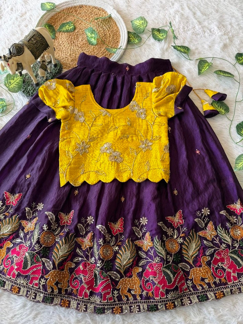 Evanik Yellow Space Silk Elephant Mission Embroidered Work Kids Lehenga Choli Set