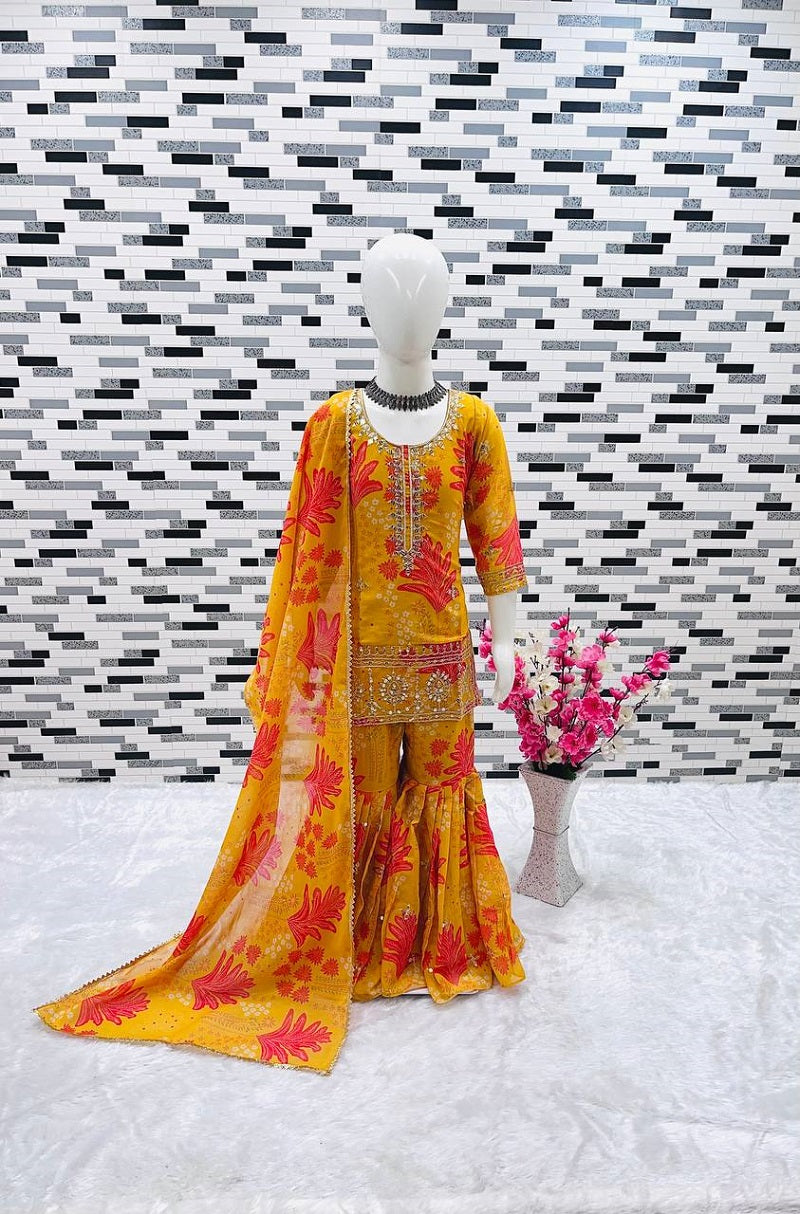 Evanik Yellow Faux Georgette Digital Print With Embroidered Work Kids Sharara Set