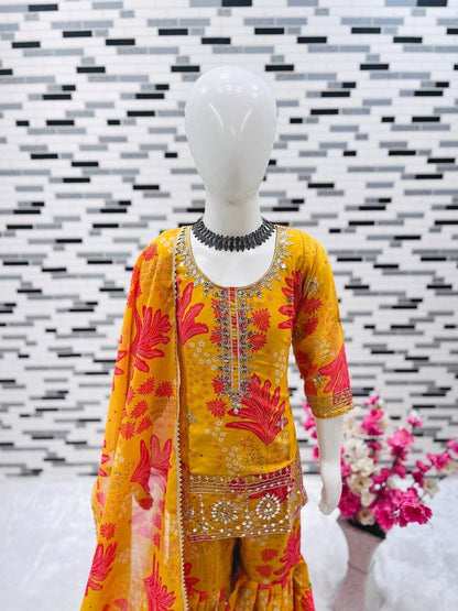 Evanik Yellow Faux Georgette Digital Print With Embroidered Work Kids Sharara Set