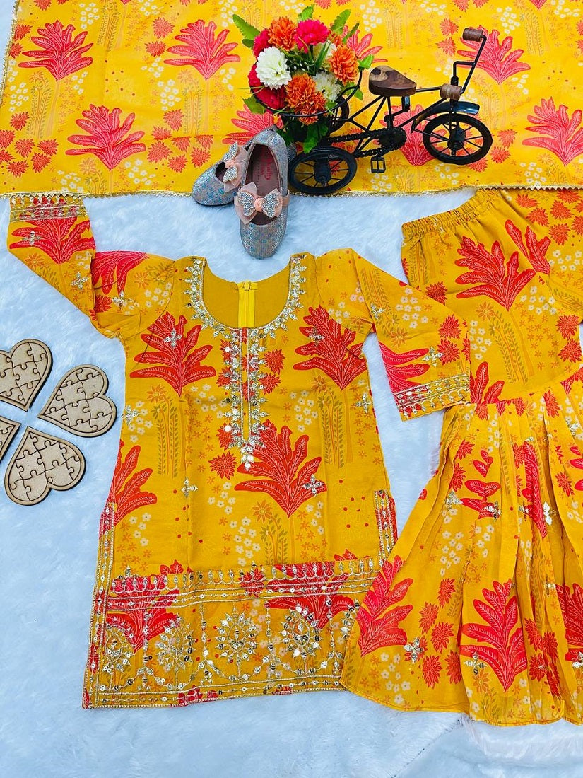 Evanik Yellow Faux Georgette Digital Print With Embroidered Work Kids Sharara Set