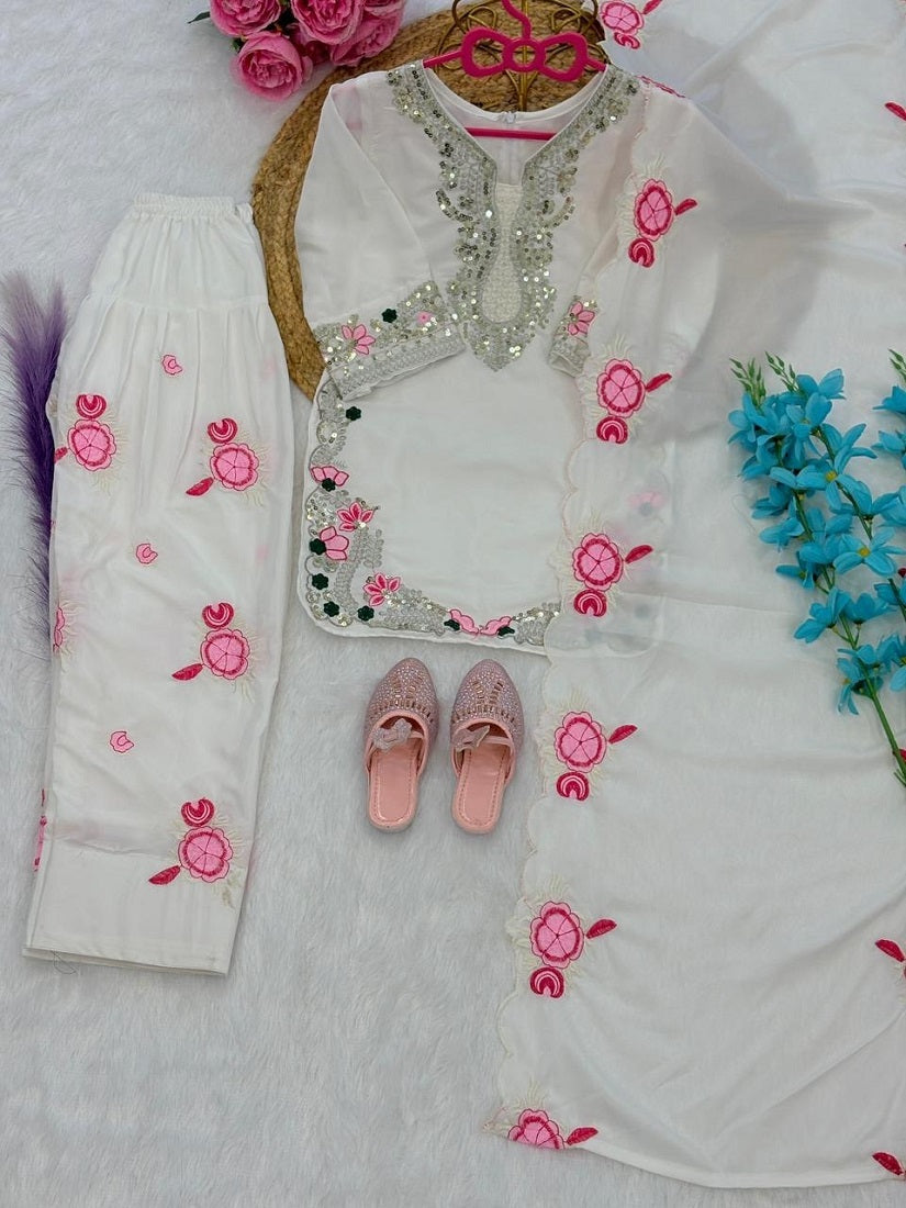 Evanik White Designer Party Wear Heavy Natural Crep Kids Patiala Set