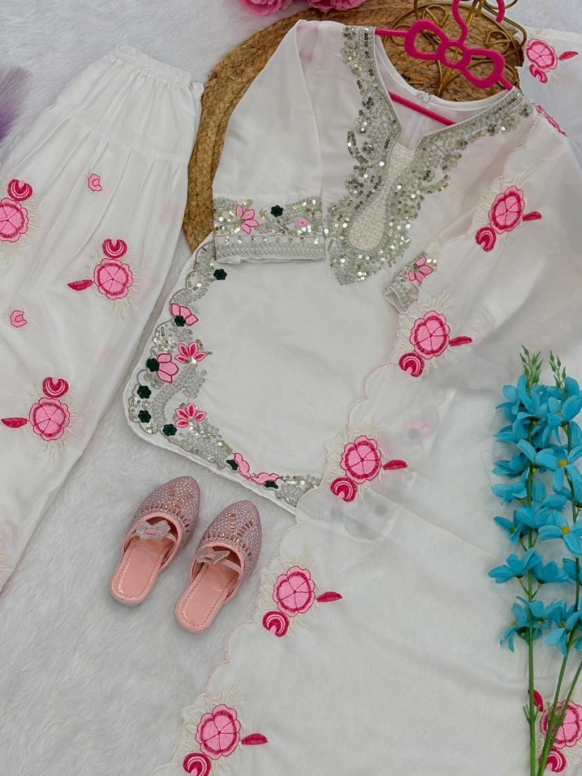 Evanik White Designer Party Wear Heavy Natural Crep Kids Patiala Set
